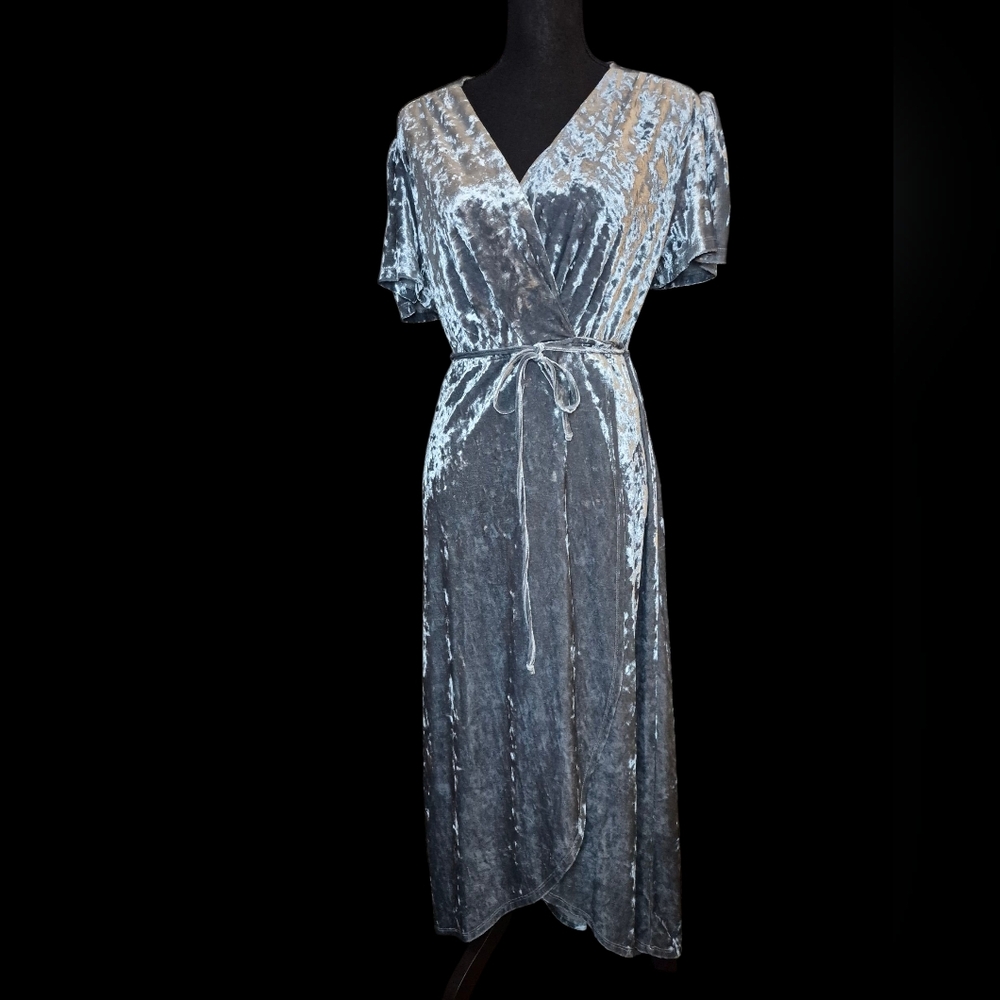 Elegant Slate Blue Crushed Velvet V-Neck Flutter Sleeve Hi-Low Wrap Dress Medium